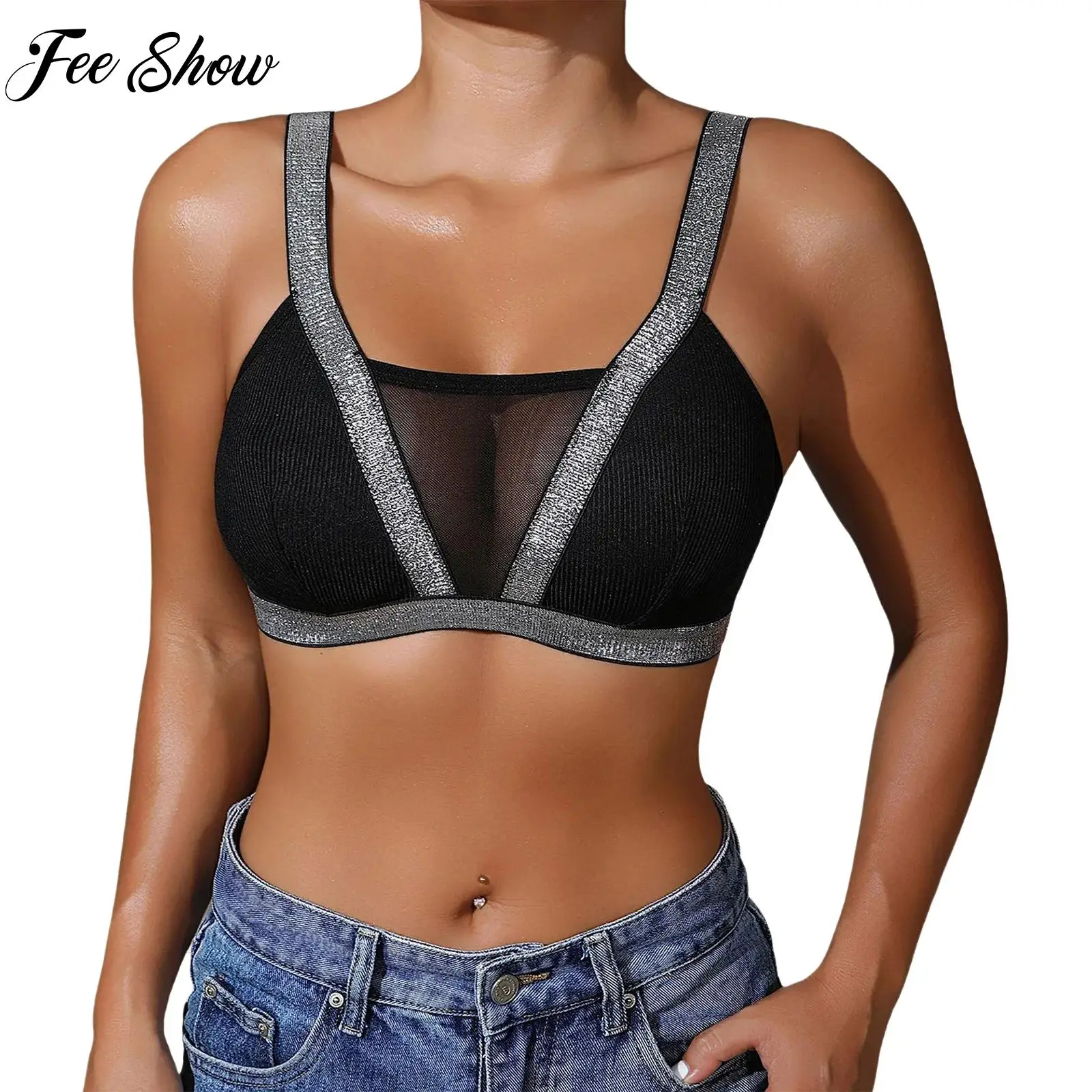 

Women Sheer Mesh Patchwork Athletic Bra Sleeveless Shimmery Trim Camisole Cropped Vest for Sports Running Fitness Workout