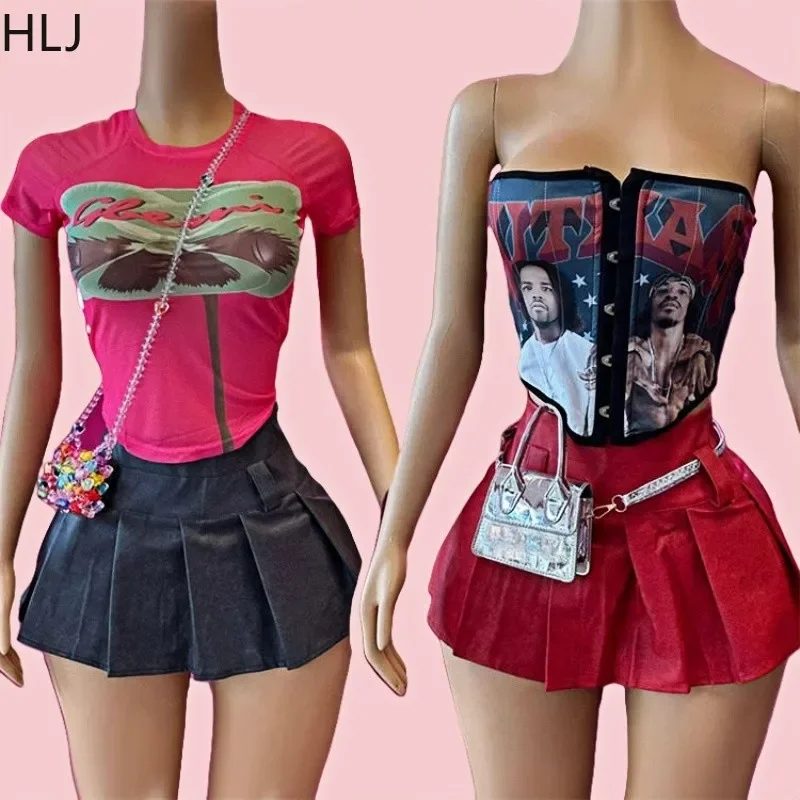 HLJ Y2K Sweet Hot Girl Streetwear Women Mesh Print Slim Top And Leather Pleated Mini Skirts Two Piece Sets Fashion 2pcs Outfits