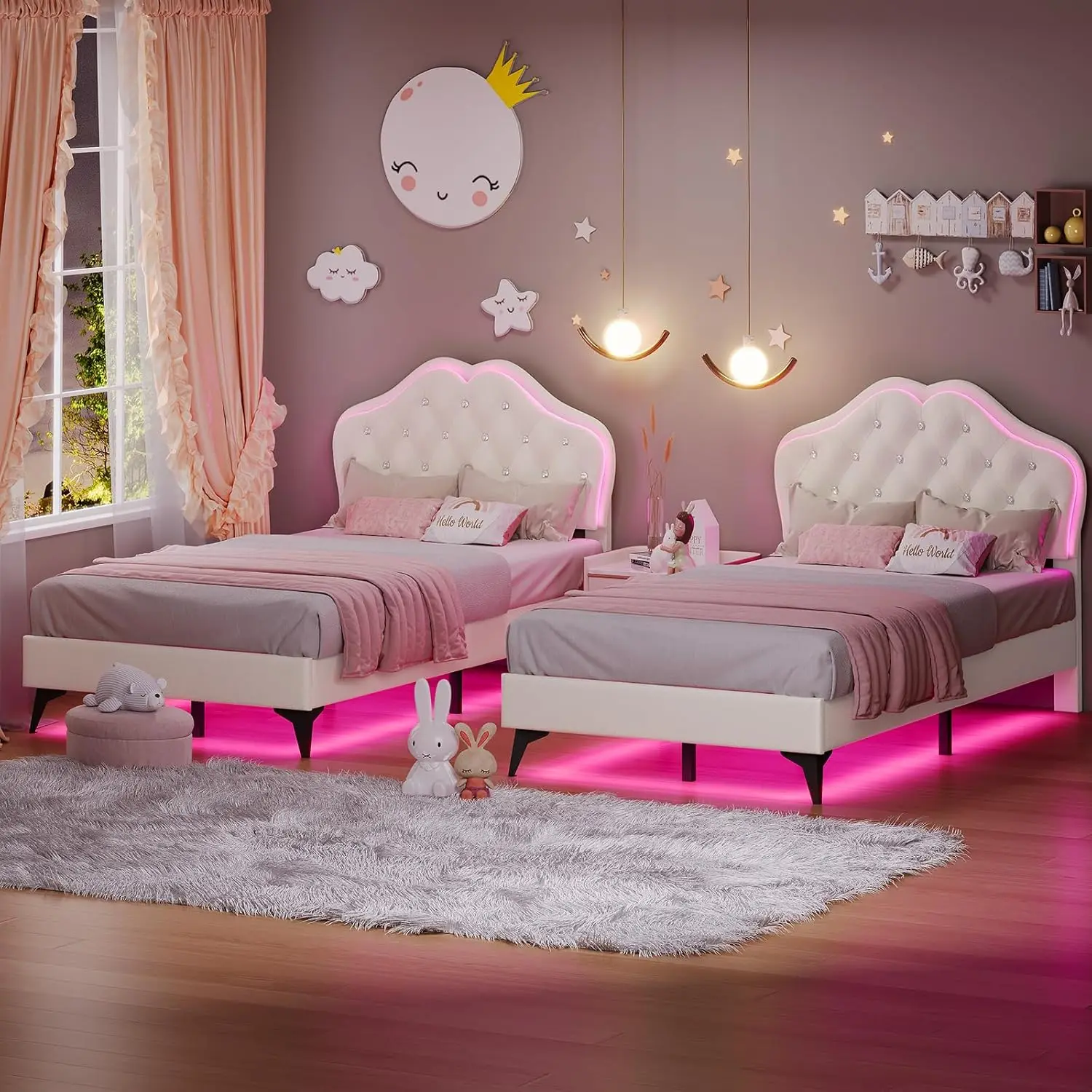 Ukuran tempat tidur berlapis kain dengan lampu LED, Headboard dapat disesuaikan dengan tombol kristal, tempat tidur Platform putri untuk anak perempuan, Woo Solid