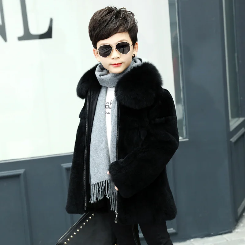 Junge Winter echtes Kaninchenfell flauschiger Mantel thermische Baumwolle gepolstert verdickte Kindermode Winterkleidung mit Kapuze für große Kinder