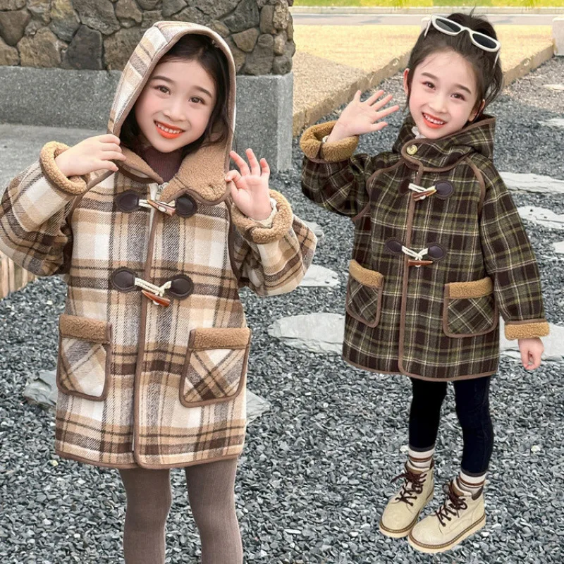 

Осенне-зимнее теплое утепленное пальто для девочек, клетчатое пальто с капюшоном, удобные новые модные топы, детская одежда для детей от 7 до 12 лет
