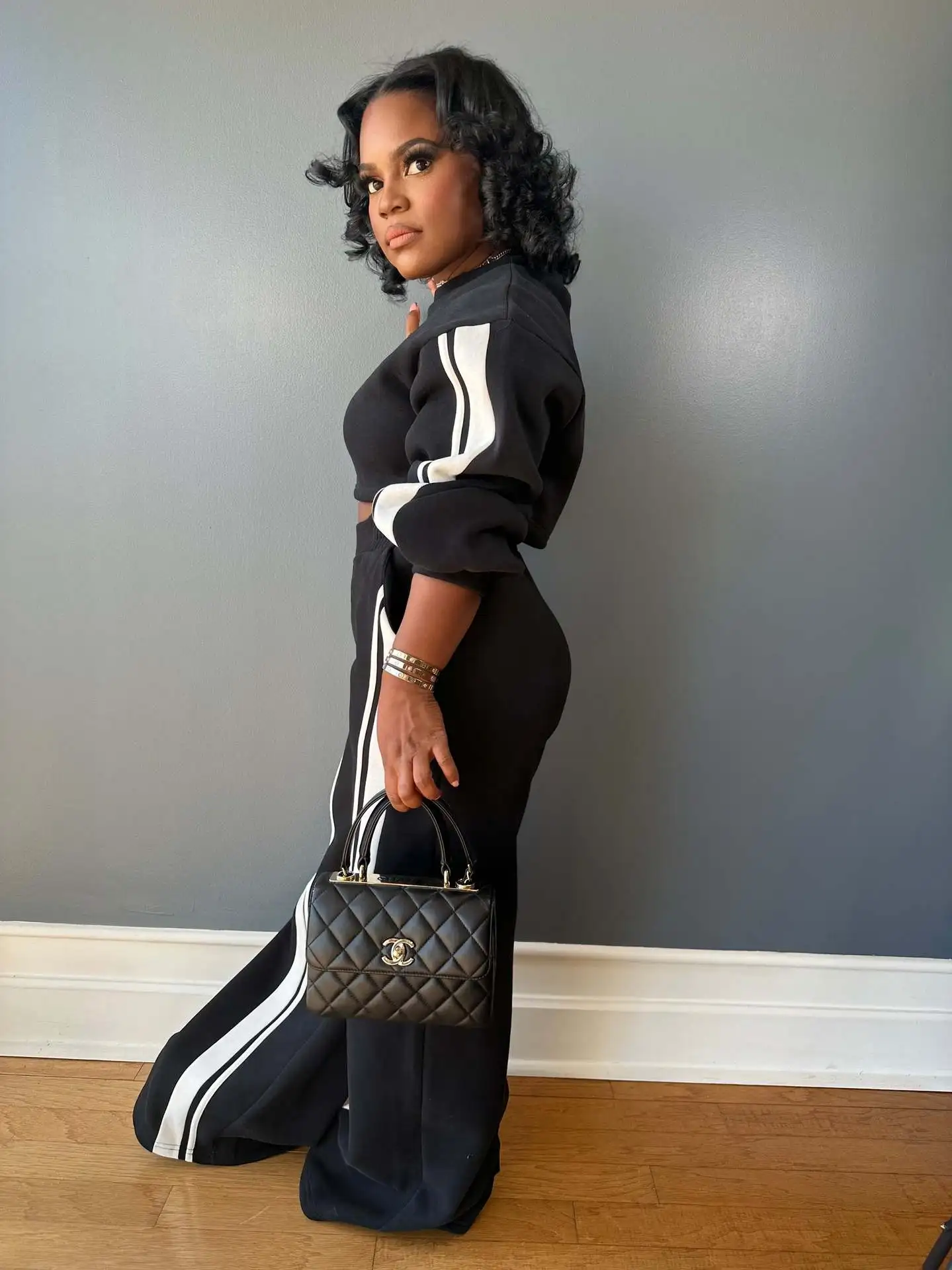 Women Set Autumn Winter Fashion Striped Long Sleeve Sweatshirt Top And Straight Pants Set Casual Two-Piece Set Jogger Tracksuit
