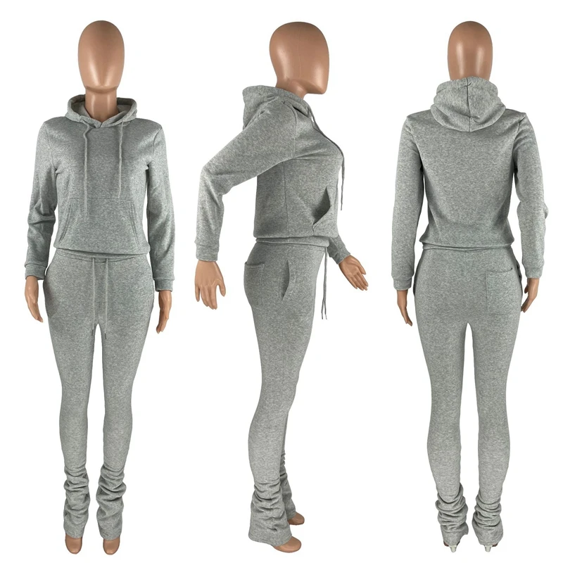 Grey Hoodie Tracksuit Women Set Winter Thick Sweatshirts and Stacked Sweatpants Jogger Set Sport Two Piece Sweatsuits for Women