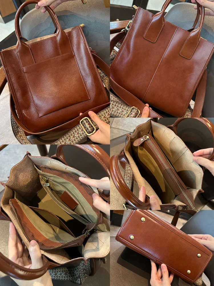 2025 Winter Large Capacity Bucket Tote Bag Green Maroon Color 100% Oil Wax Cowhide Leather Women Shoulder Bag 2 Straps Hand Bag