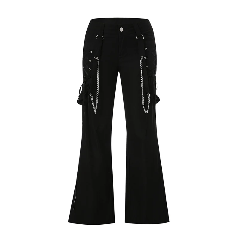 Women Punk Style Wide Leg Pants Cross Tie Up Low Waist Black Goth Cargo Pants E Girl Streetwear Dark Academic Clothes