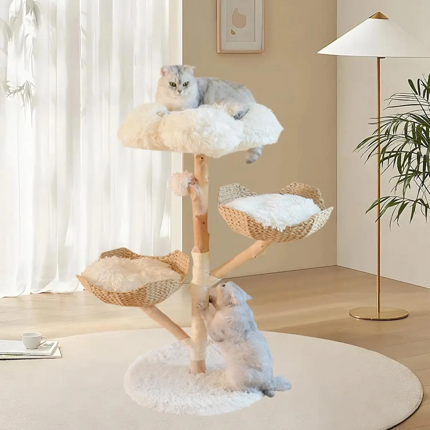 

Real Wood Modern Cat Tree Tower for Indoor Cats Large Adult, Wooden Cat Tower with Scratching Post and Bed, Unique Handmade