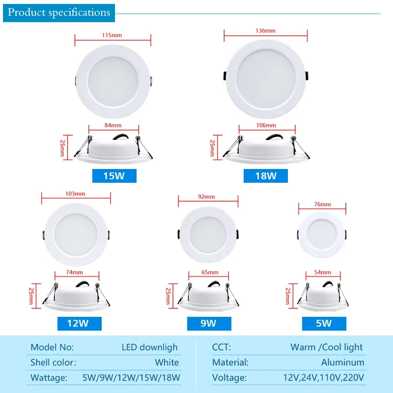 Redonda Recesso Lâmpada Do Teto, LED Downlight, Alta Qualidade, Spot Light, Interior, AC 110V, 220V, DC 12V, 24V, 5W, 9W, 12W, 15W, 18W, lote 10 PCes