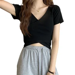 Cute Summer Cross T-shirt Women V-neck Solid Slim Skinny Tee Shirt Femme Korean Fashion Kpop Tshirt Crop Tops 90S Woman Clothing
