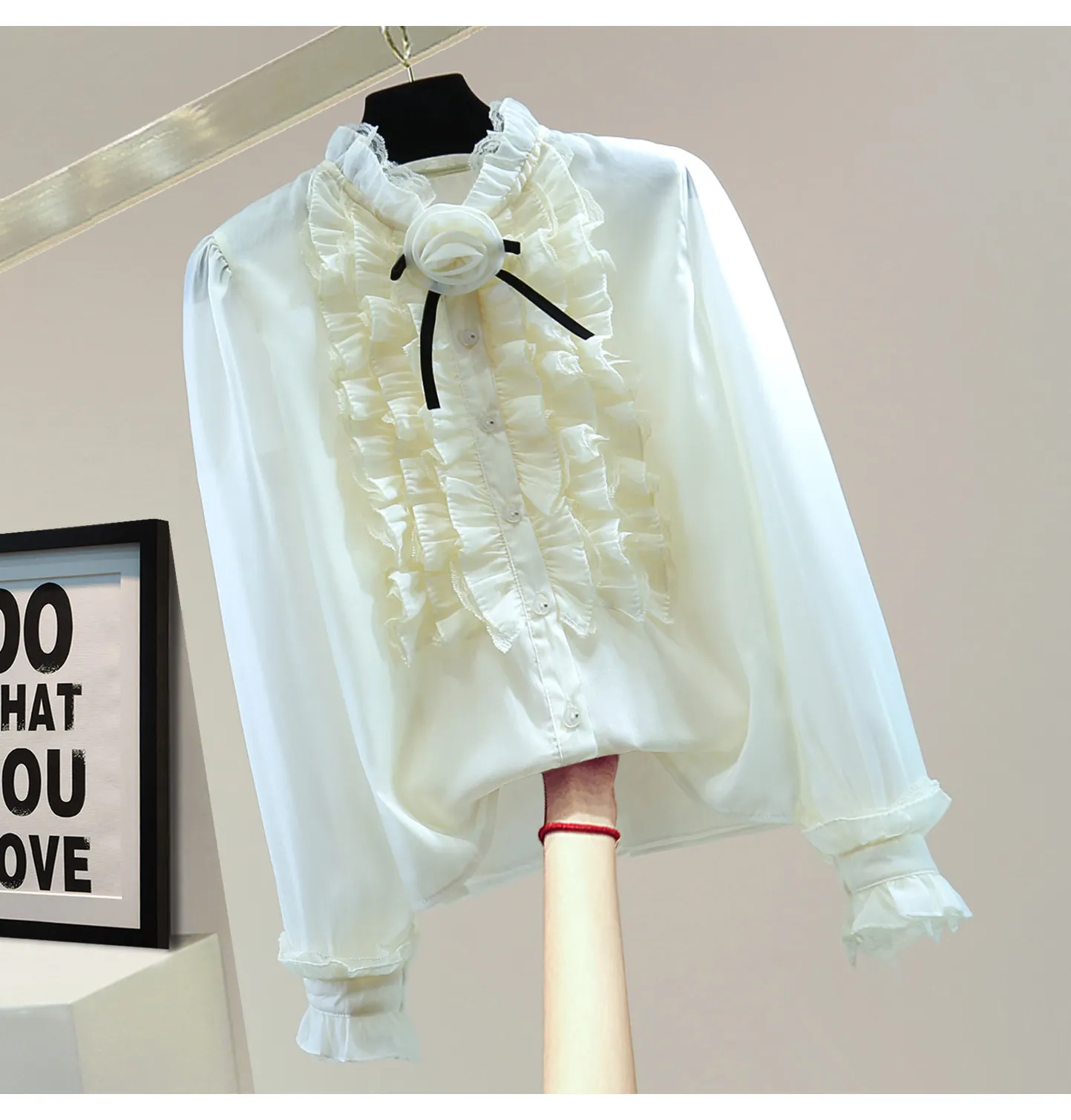 

2026 Spring Women's Long Sleeve Shirt with Floral Appliques, Bow and Ruffles, Lace Trim, Solid Color Chiffon Blouse,Blusas Mujer