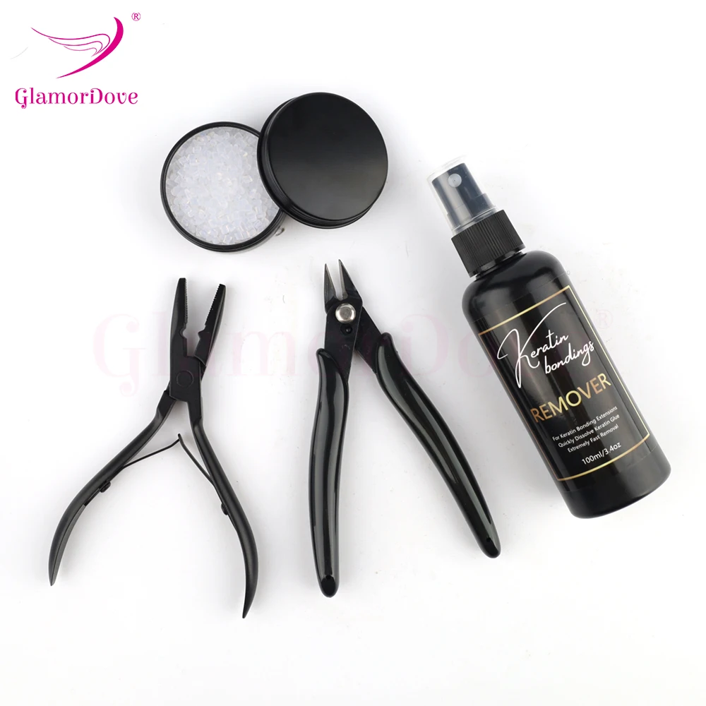 Kit alat ekstensi rambut Keratin, Tang penghilang lem Keratin, gunting pemotong pengikat rambut ekstensi manik-manik, lem Keratin