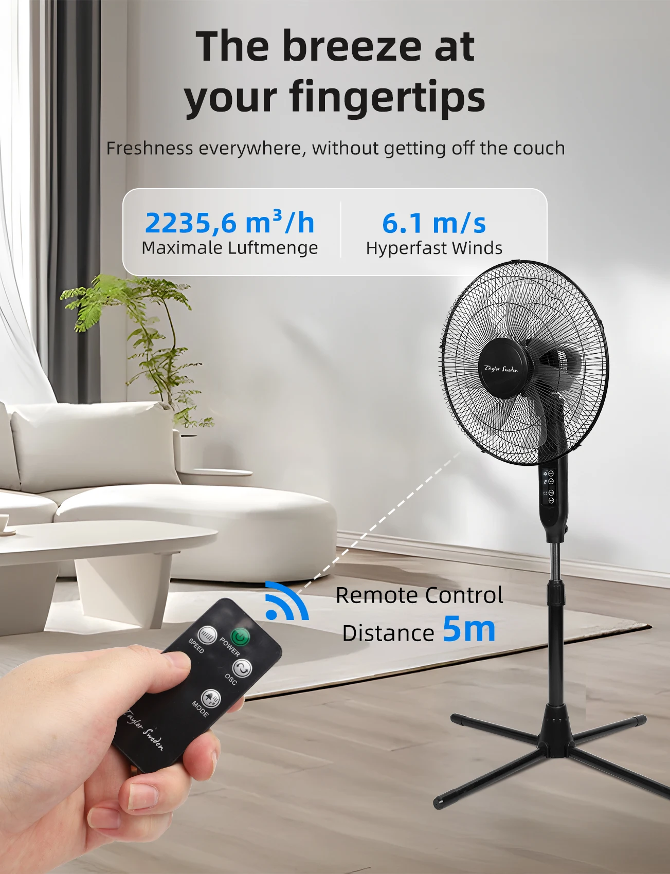 مروحة أرضية قائمة 7 شفرات ارتفاع قابل للتعديل مع مؤقت + جهاز تحكم عن بعد