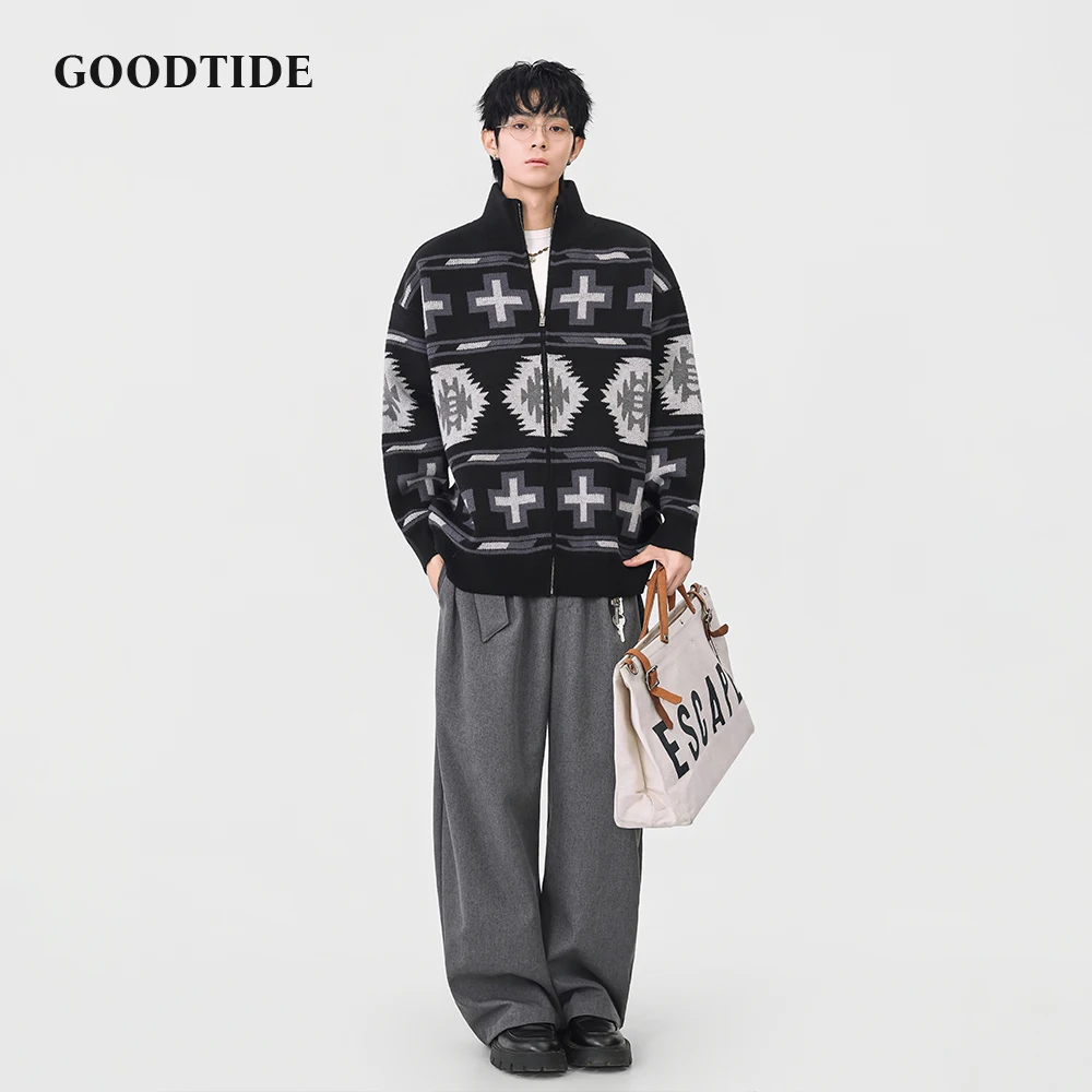 سترة رجالية عصرية غير رسمية بسحاب كامل ورقبة وهمية 2025 شتاء جديد نمط هندسي محبوك سترة ناعمة كم طويل ملابس خارجية #6