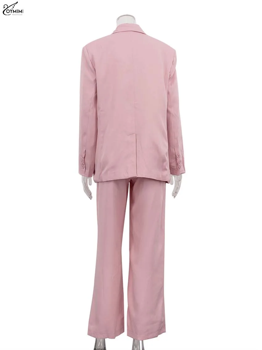 Oymimi Elegant Pink 2 Piece Sets Women Outfit Fashion Long Sleeve Pockets Blazers And High Waisted Simple Straight Trousers Sets