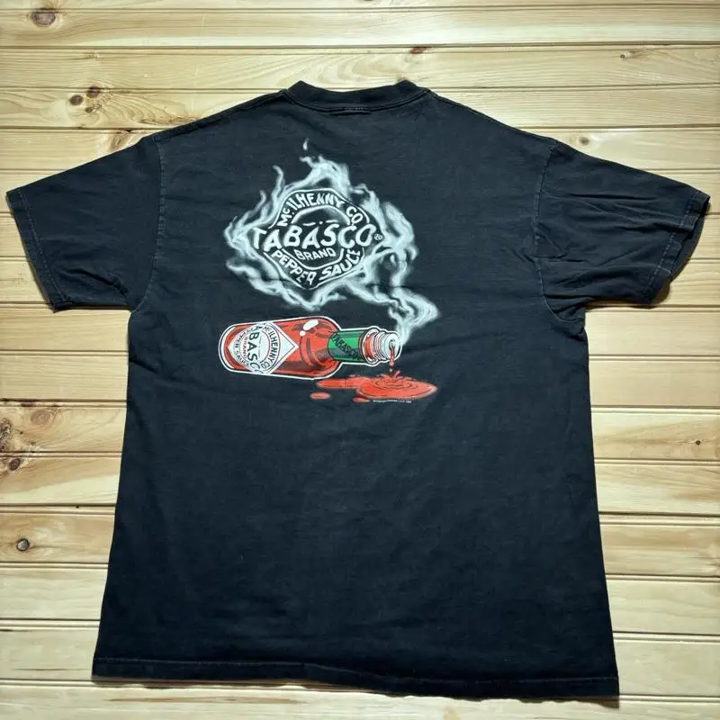 Vintage 90S Tabasco marca salsa de pimienta Promo descolorido negro 1999 camiseta tamaño Xl