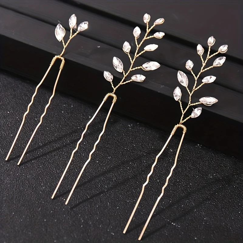 3pcs Gold Color Crystal Hairpin Set Rhinestone Hair Pin Clip Bridal Wedding Hair Accessories Jewelry Pin Clip