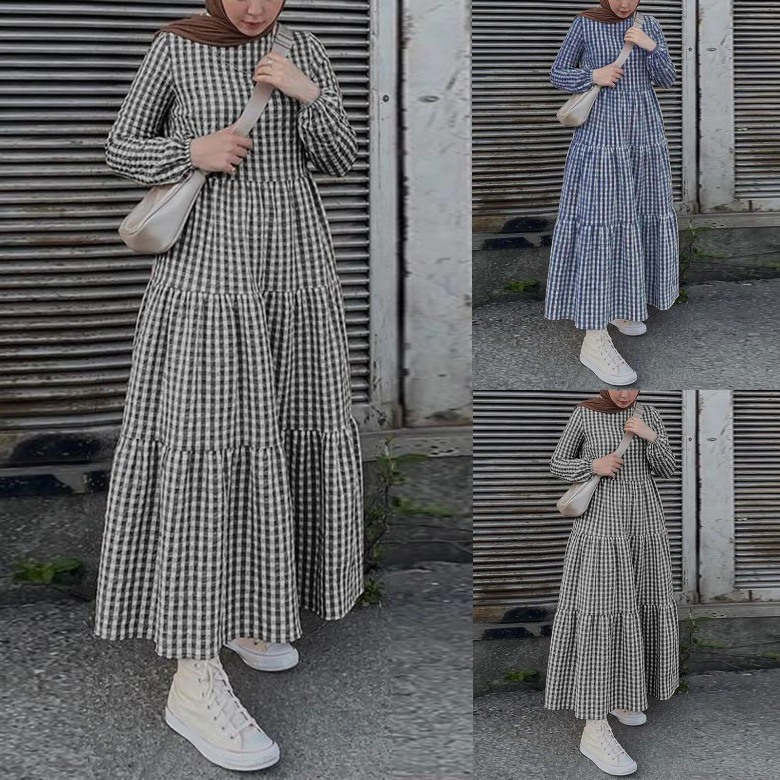 Vintage Plaid Checked Muslim Dress Women Long Sleeve Ruffles Abaya Dubai Dress Robe Femme Holiday Islamic Clothing