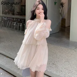 Solid Long Sleeve Blouse Women Korean Clothes Off Shoulder Stand Collar Fashion Ruffles Beading Elegant Gentle Leisure Summer