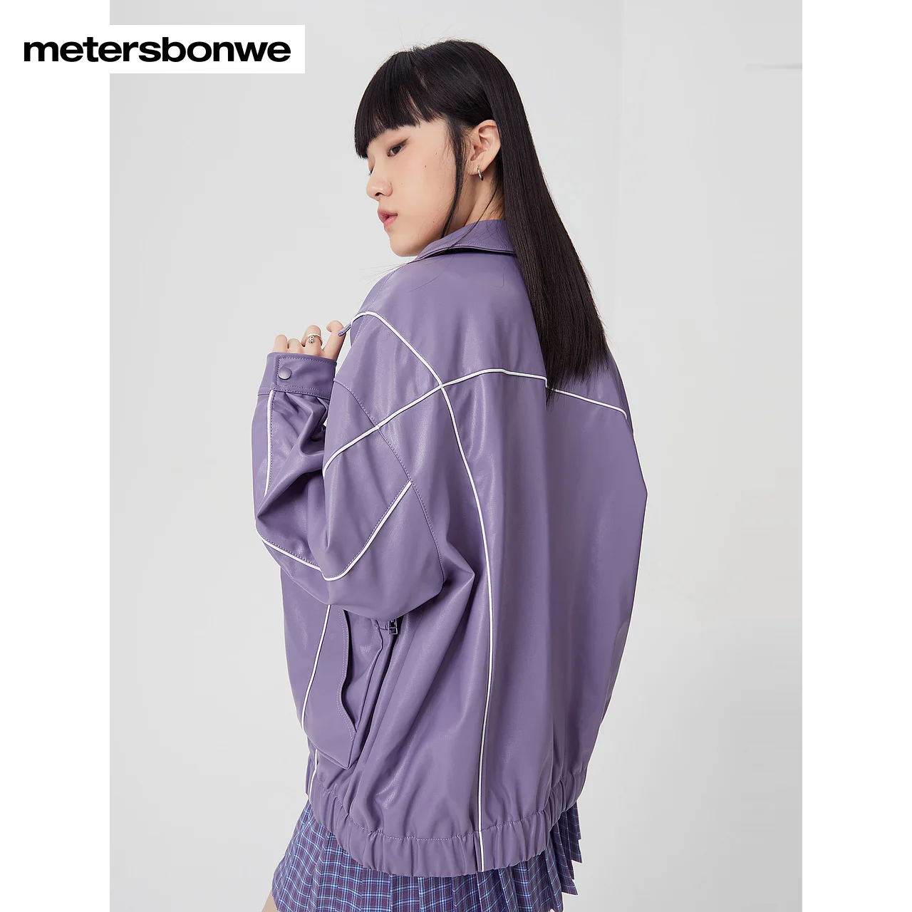 Metersbonwe-Women\'s PU Jacket Stylish Lapel Silhouette Coat Vintage Female Chic Lady  Spring And Autumn