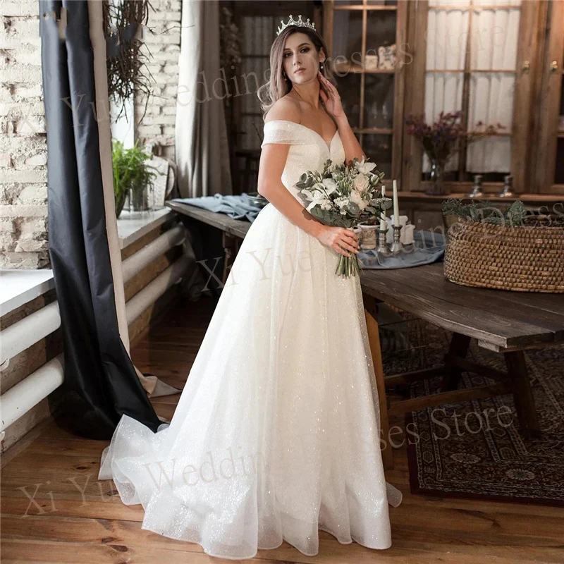 

Sparkly Luxury Strapless Sweetheart Wedding Dresses Sweep Train Bride Gowns Made For Women A-Line Elegant Off The Shoulder Pleat