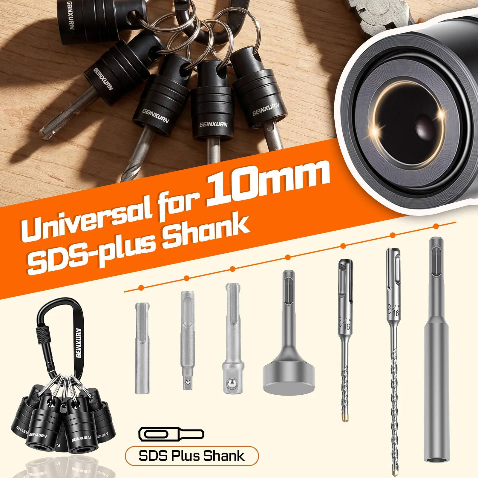 Geinxurn SDS Plus Keyring Drill Bit Set, Portable High Load Tool Holder, Storage Keychain for Rotary Hammer Drills