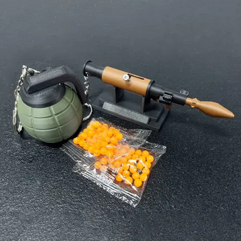 3D Printed Keychain New Mini RPG7 with Grenade Magazine Small Ball Launcher Backpack Pendant Set Finger Gun