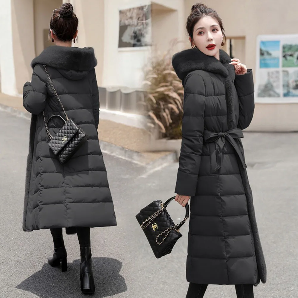 2023 Winter Long Cotton Padding Jacket Women Korean New Knee Length Down Cotton Coat Female Fur Splice Thicken Warm Hooded Parka