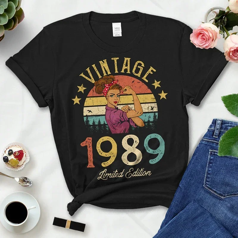 

2024 Women Retro Summer Fashion 35th 35 Years Old Birthday Party Tshirt Ladies Top Vintage 1989 Limited Edition Black T S