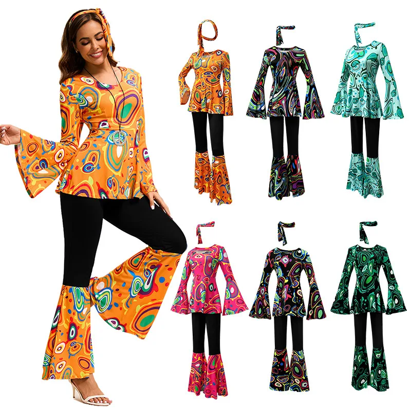 

New Cross-Border Long Sleeve Printed Women's Shirt Pants Set Hippie Dance Stage Performance Costume Ethnic Stage Performance ...