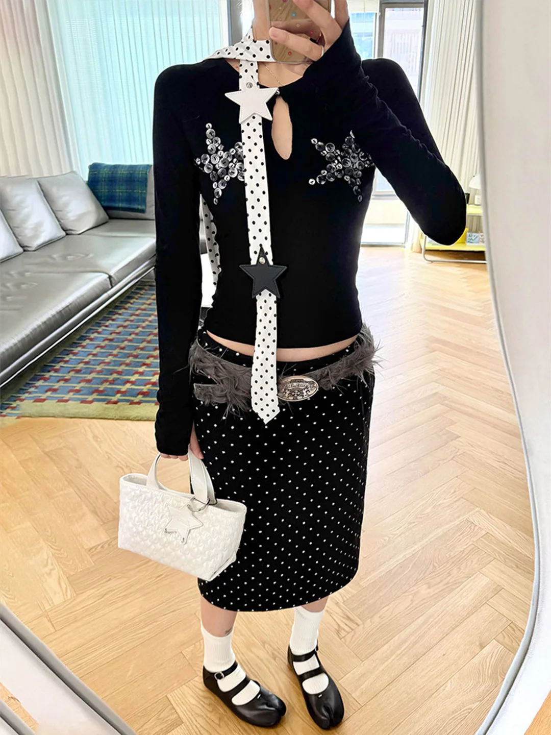 Slim Fit Star Pattern Long Sleeve T-Shirt Women's Short Style Button Design Commute Style Korean Version Hollow out Detail
