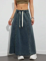 New Fashion Women's Denim Long Skirts Elastic Drawstring High Waist A Line Flare Jean Skirt for Summer, Spring