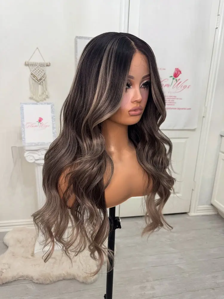 Perruque Lace Front Wig synthétique marron chocolat ombré 13x4, perruque Lace Front Wig HD à reflets 180% haute densité sans colle pour femmes
