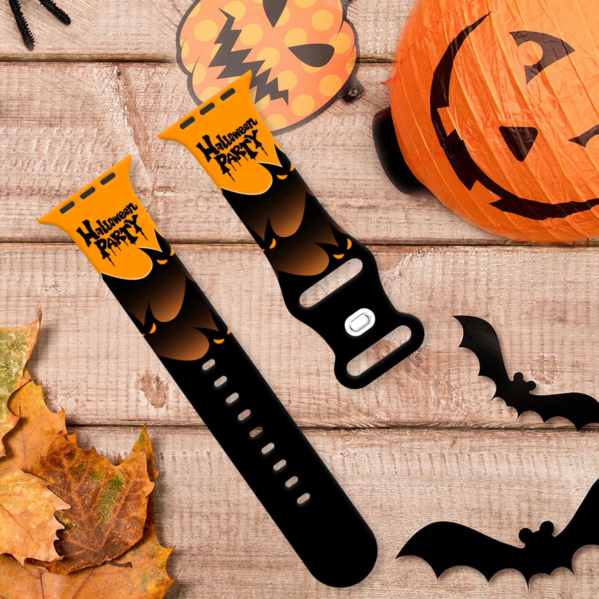 悪魔の城 ハロウィン パターン プリント バンド Apple Watch シリーズ 11/10/9/8/7/SE 用 - ソフト防水シリコンストラップ 45mm 44mm 42mm