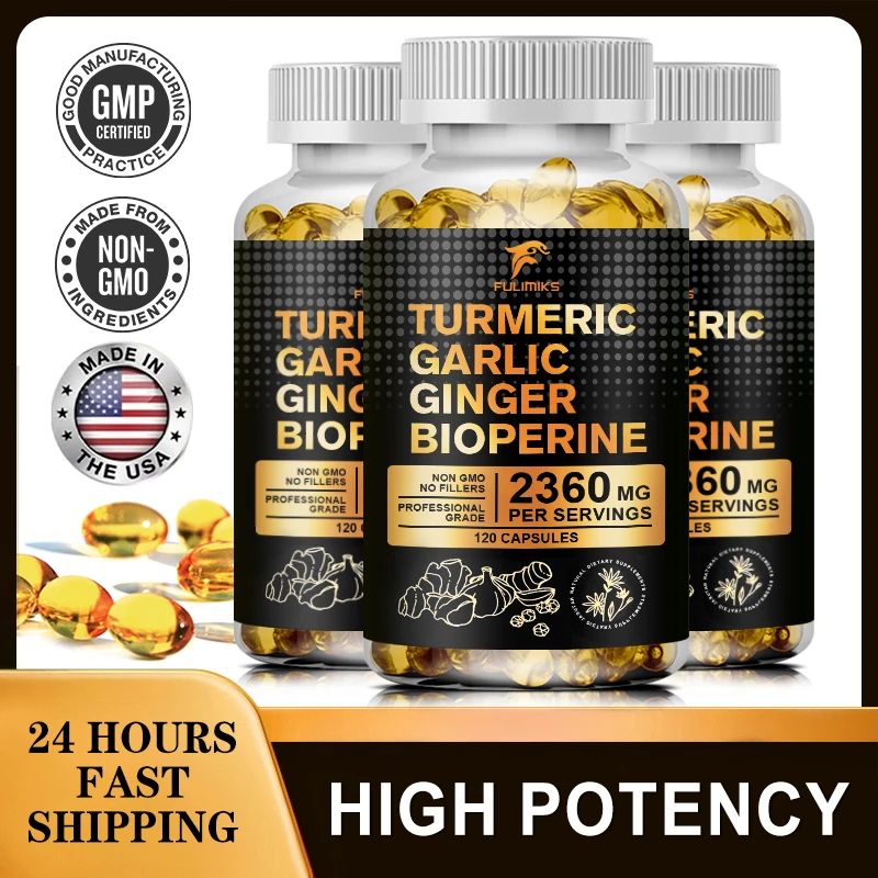 

4-in-1 Turmeric Ginger Capsule Supplement with Pepperine, Garlic Curcumin Black Pepper for Joints, Muscles, Digestion & Immunity