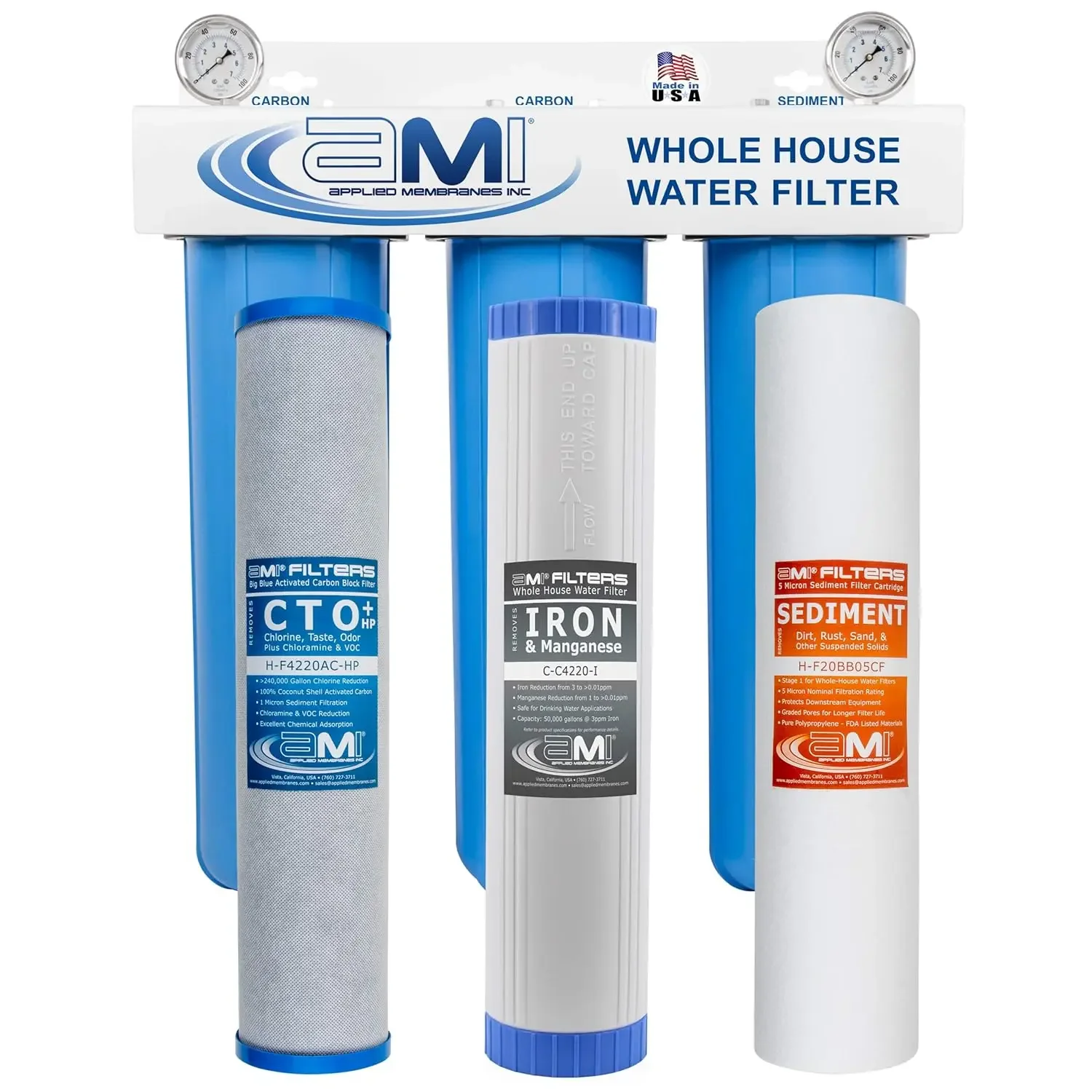 Membranas Inc. Sistema de filtrado de agua para toda la casa de 3 etapas, cartuchos de filtro de sedimentos, carbono y hierro de 4,5 x 20 pulgadas