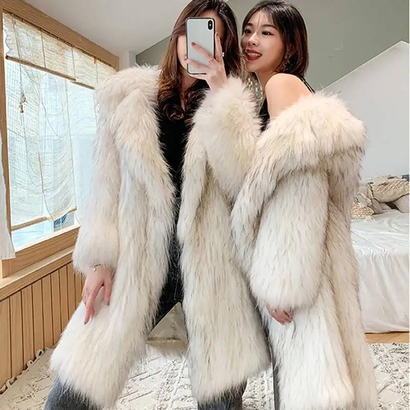 

Winter Fox Imitation Women's Long New Warm Raccoon Fur Coat Large Size Leisure Windbreaker