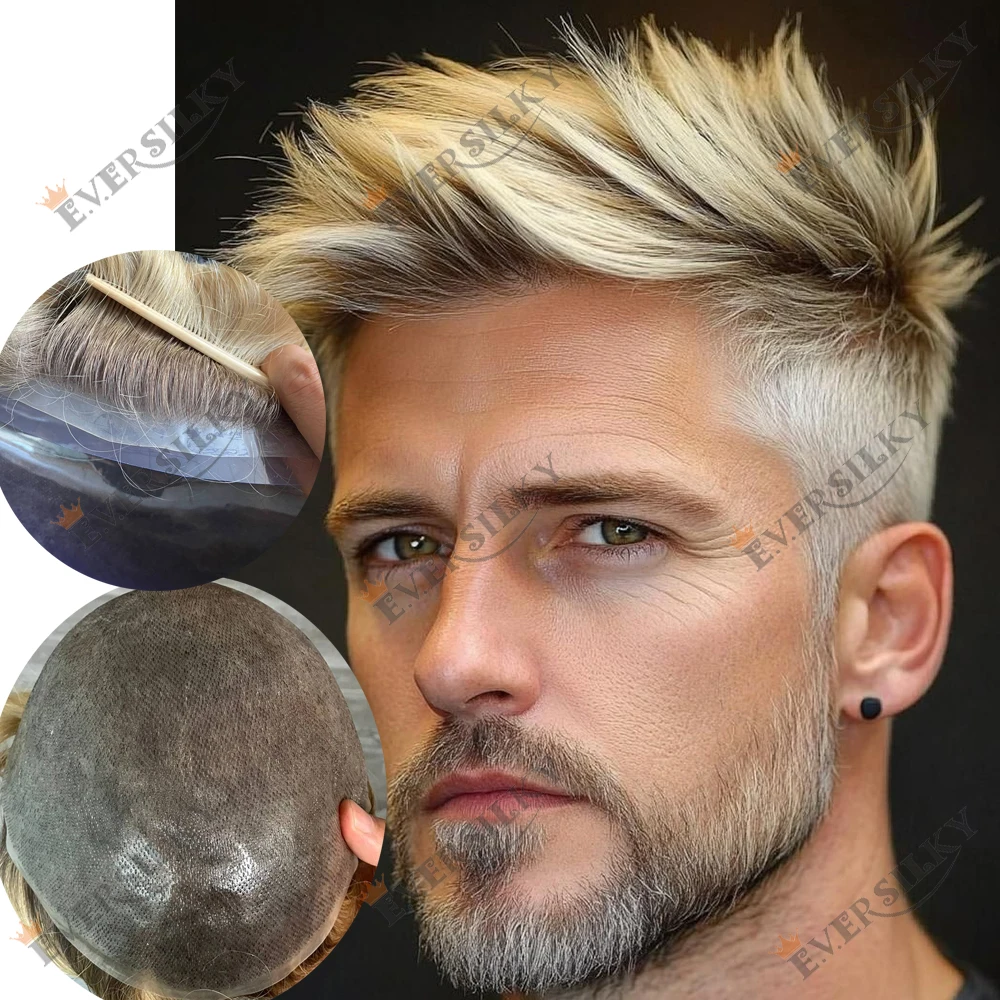 4t613# Real Human Hair Ombre Honey Blonde Brown Hair Replacement Prosthesis System Natural Hairline Durable Skin Base Man Toupee