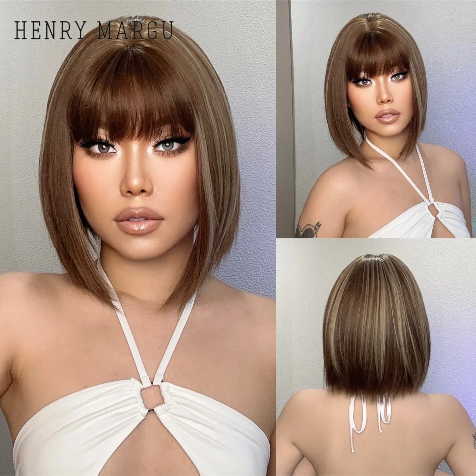 HENRY MARGU Short Bob Brown Wigs with Bangs Synthetic Brown Highlight Wig Heat Resistant Fiber Wig for Women Daily Cosplay Wear