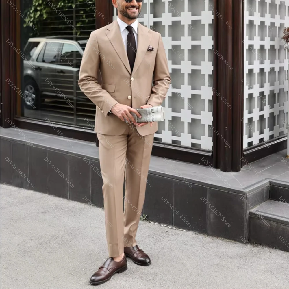 

Khaki Men's Suits Fashion Single Breasted Notch Lapel Blazer Sets 2 Piece Wedding Groom Daily Casual Slim Costume Homme 2025