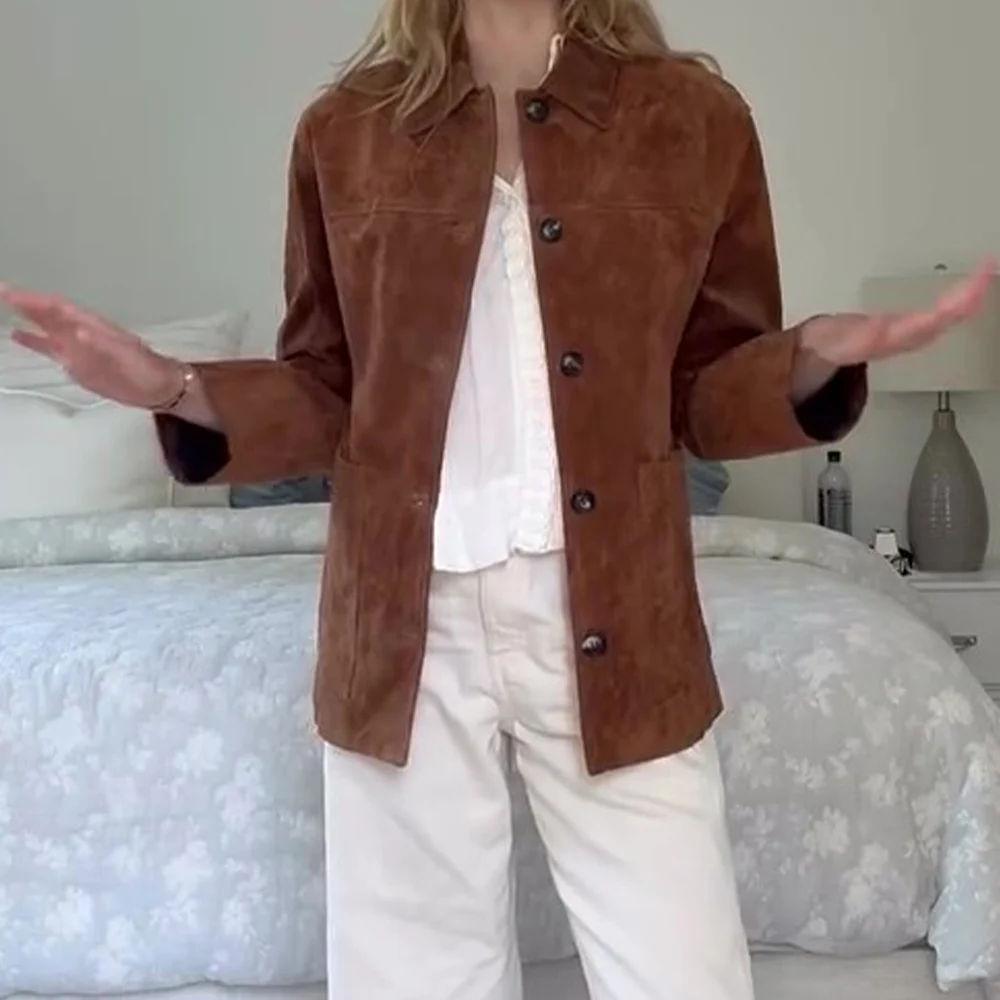 KONDALA Chic Streetwear Casual Suede Women Outwears Fashion 2025 Autumn Single Breasted Pockets Straight Vintage Female Jackets