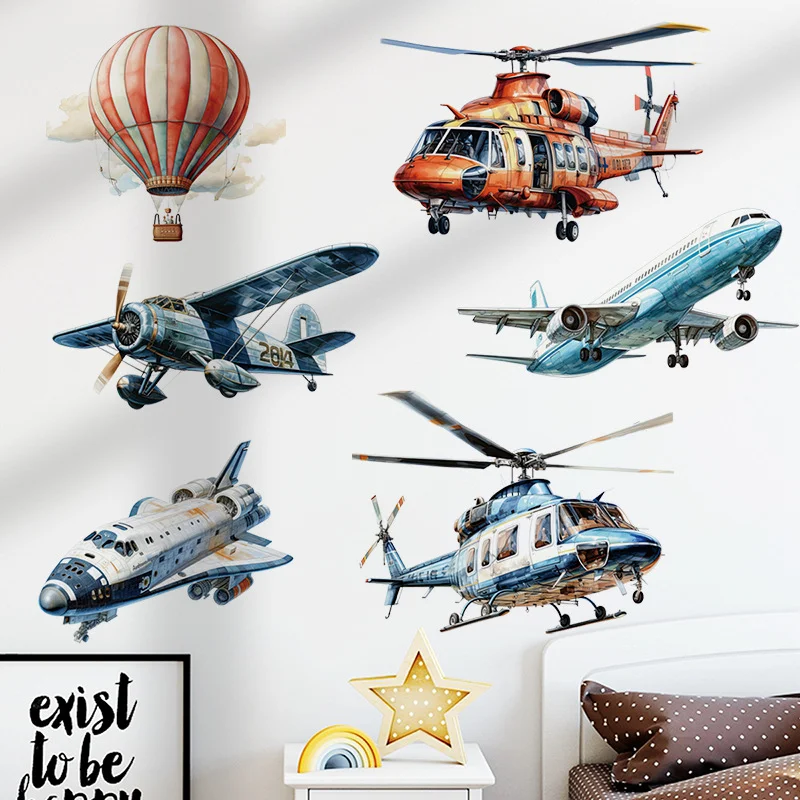 Vintage Watercolor Aircraft Wall Stickers, Hot Air Balloon Helicopter Propeller Plane Boys Bedroom Decor