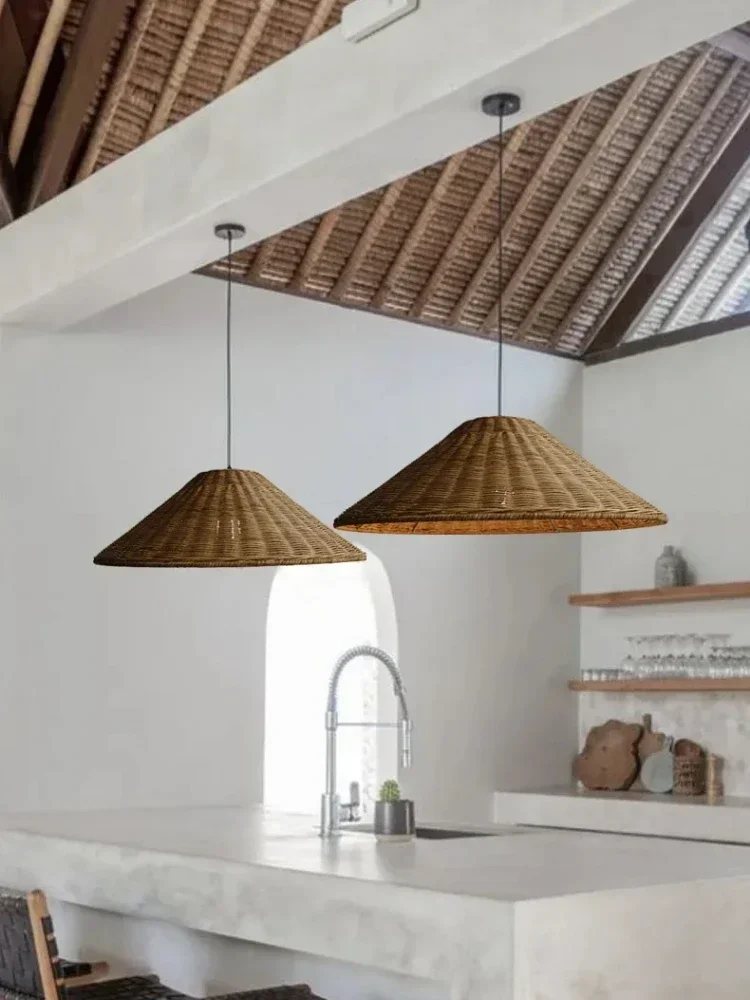 Handmade Woven Straw Hat Hanging Light Vintage Beige Rattan Pendant lamp for Bedroom Kitchen Retro Rustic Chandelier