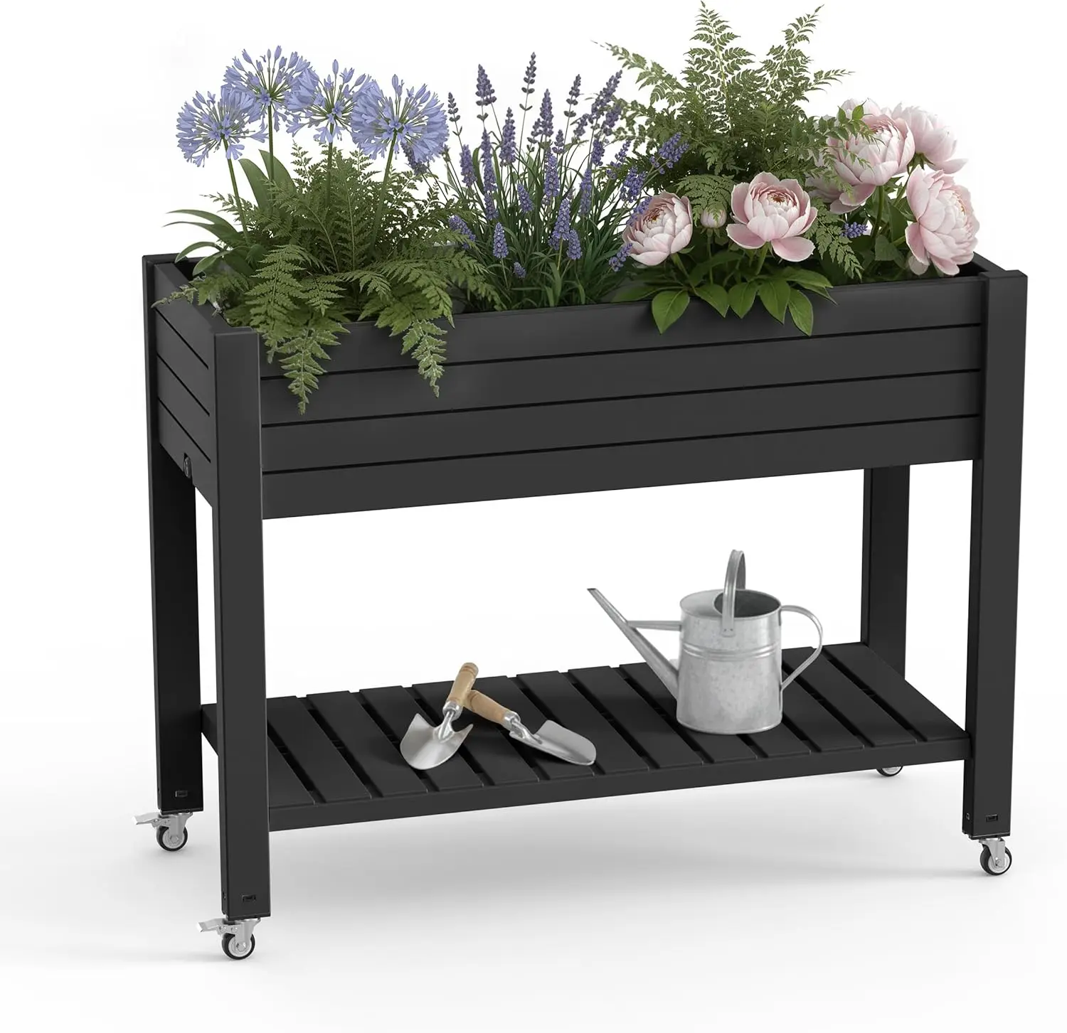 21 Gallon Raised Garden Bed with Legs and Wheels, Raised Planter Box with Drainage Plug and Gauge, Lower Shelf for Tools and Accessories, Dust-Proof Resin for Patio and Backyard(Black)