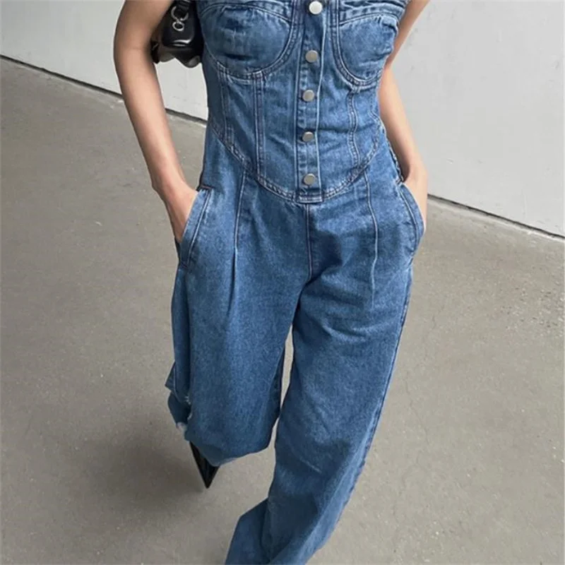 

Fashion wide leg pants high waist long jumpsuit tube top denim jumpsuit women's xxl