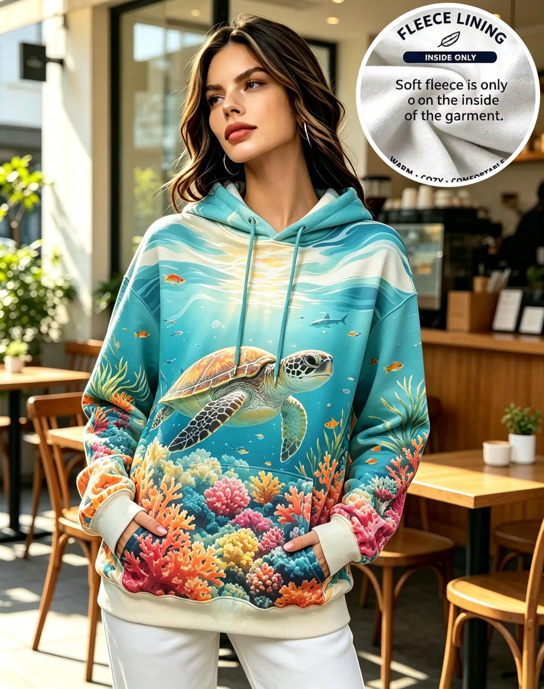 Women Ocean Sea Turtle Coral Print Fleece Hoodie Blue Green Drawstring Pocket Casual Pullover Sweatshirt