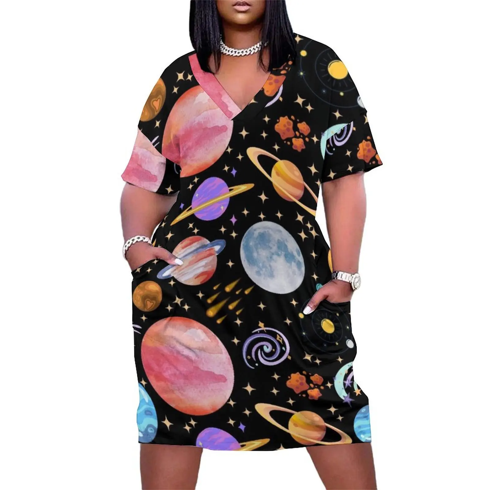 Space - Planets Moons and Stars Loose Pocket Dress Long dress woman Women's summer dress