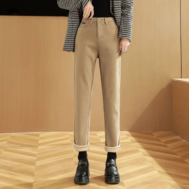 Spring Winter New Plus Velvet Women Jeans Button High Waist Solid Pants Pockets Thicken Fashion Casual Straight Trousers 2022
