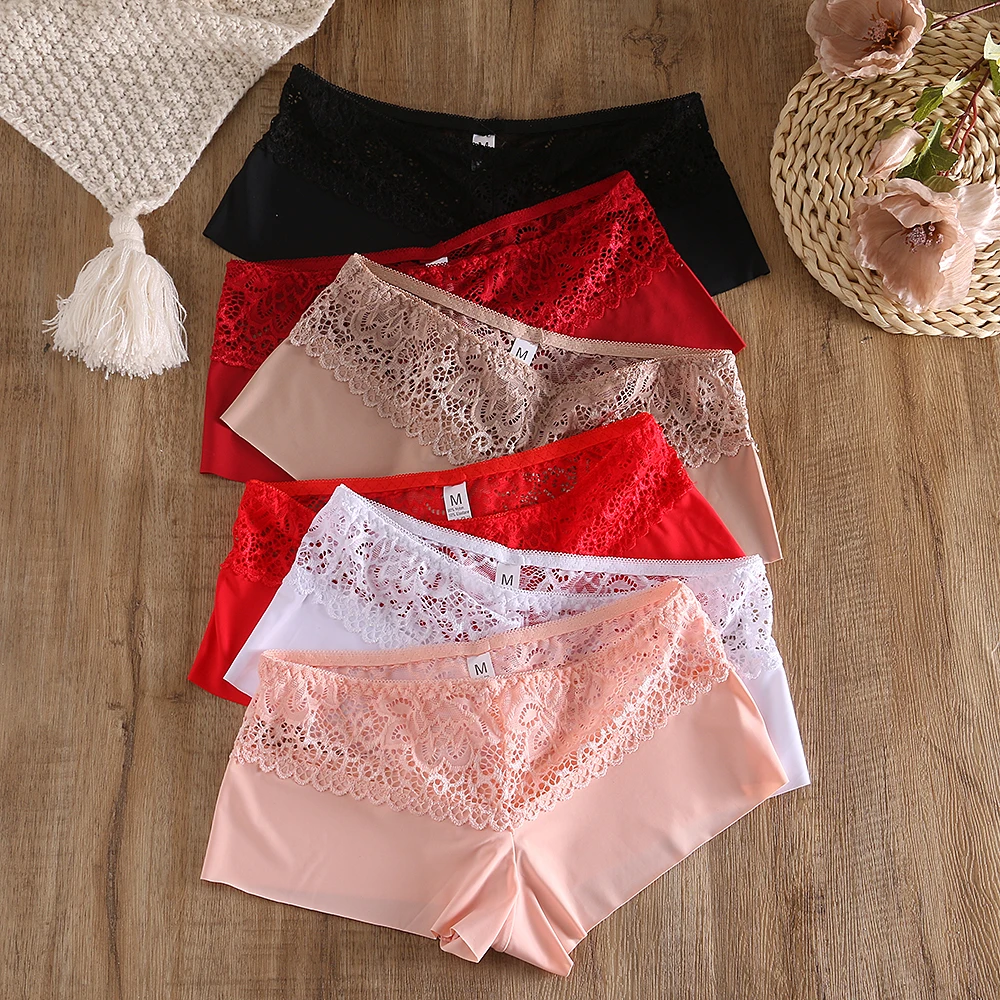3 Pieces Boxers for Women Sexy Lace Seamless Women\'s Panties Perpective Female Underwear Mid-Rise Boyshorts Briefs Lady Lingerie