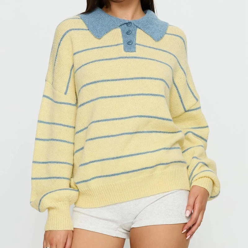 

90s Vintage Oversized Preppy Knitwear Women Y2K Striped Knit Sweater Long Sleeve Lapel Collar Loose Fit Pullovers Jumper Top