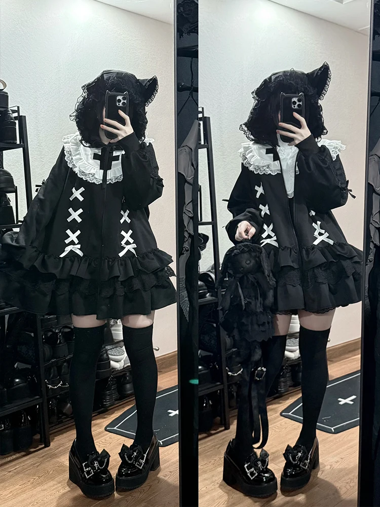 Laminated Ruffle Edge Splicing Black Sweatshirs Women Original Design Sweet Cool Sweatshirt Jacket Removable Hat Lolita Coat