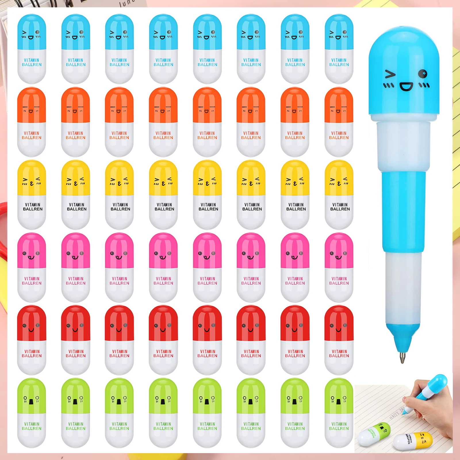 24Pcs Cute Smiling Face Pill Ball Point Pen  Stationery Telescopic Vitamin Capsule Ballpen For School Use